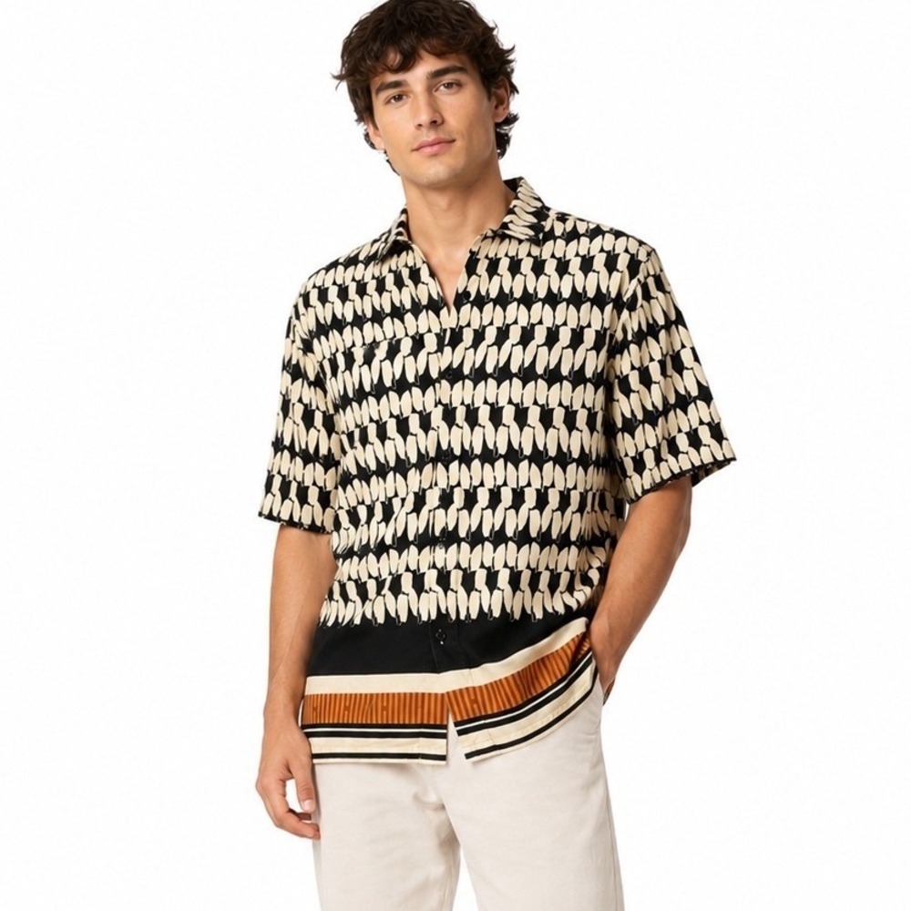 Topman Black Cream Abstract Print Cotton Short Sleeve Button Down Shirt | XS